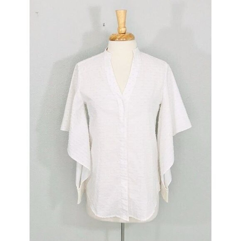 Abbey Glass Top Blouse Casual White Swiss Dot Split Sleeve Button-down, XS